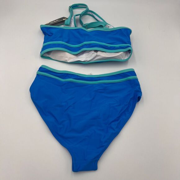 BMJL Two-Piece Swimsuit Blue Turquoise Trim Halter Top High‎ Waist Bottom M NWT - Picture 6 of 7